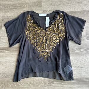 T-Bags Los Angeles Sheer Paillette Blouse Gold Grey Size S